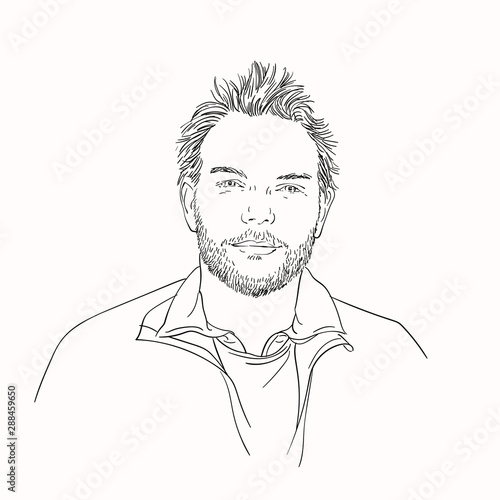 Portrait of handsome unshaven man with shaggy hair and with satisfied enlightened look, Hand drawn isolated vector sketch, Linear illustration can be used for adult coloring book