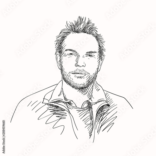 Portrait of handsome young unshaven man with shaggy hair and with satisfied enlightened look, Hand drawn isolated vector sketch