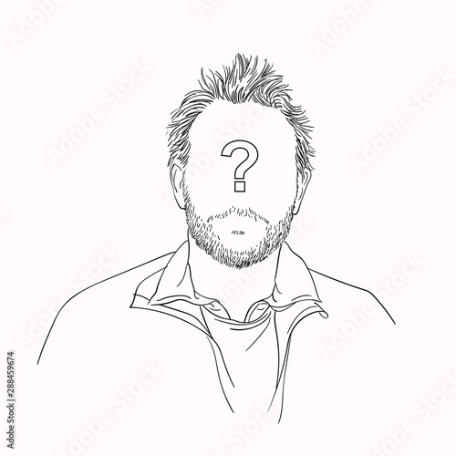 Vector sketch of man's portrait with question sign on empty face, Hand drawn illustration isolated