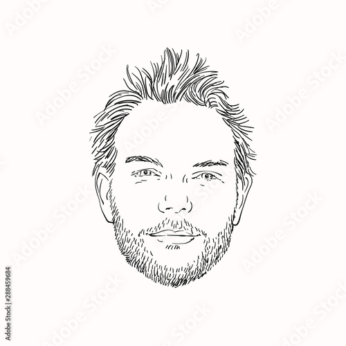 Isolated head of unshaven man with shaggy hair and with satisfied enlightened look, Hand drawn vector sketch