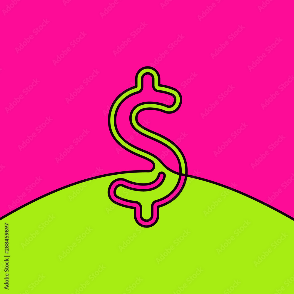 Obraz premium Dollar sign on vivid green and pink colors, Continuous line vector minimalist flat design