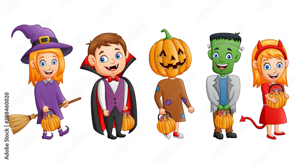 Set of halloween cartoon costumes children holding pumpkin. vector  illustration Stock Vector | Adobe Stock