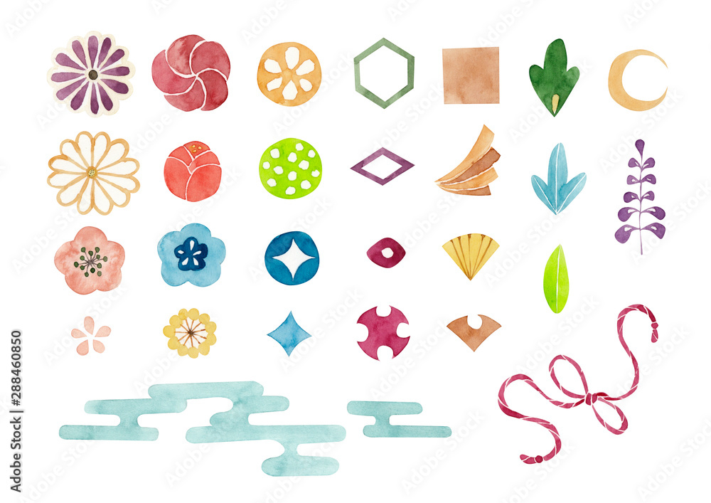 和柄 文様 アイコン セット 水彩 イラスト Stock Illustration Adobe Stock