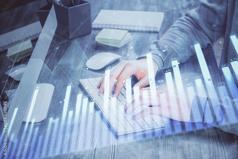 Double exposure of financial graph with man works in office on background. Concept of analysis. Double exposure of financial graph with man works in office on background. Concept of analysis.