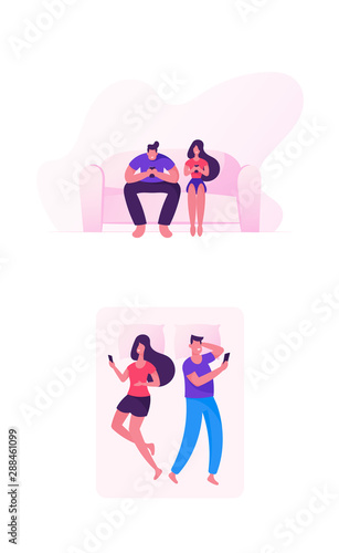 Young Couple Man and Woman Lying Apart in Bed, Sitting on Couch with Smartphones for Social Networking Reading News Watching Video Searching Internet