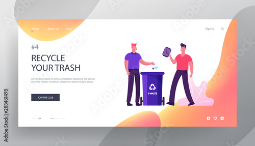 Ecology Protection Website Landing Page. People Throw Garbage to Containers for Organic and E-waste Litter Bins with Recycle Sign. Recycling Pollution Web Page Banner. Cartoon Flat Vector Illustration