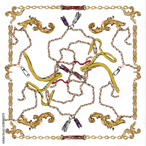 Chains, braids, belts and baroque leaves ornament on white background.Beautiful vector pattern.