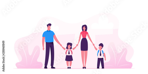 Mother and Father Leading their Children to School. Portrait of Modern Family Walking Together. Parents and Kids in Students Uniform Holding Hands. Back to School. Cartoon Flat Vector Illustration