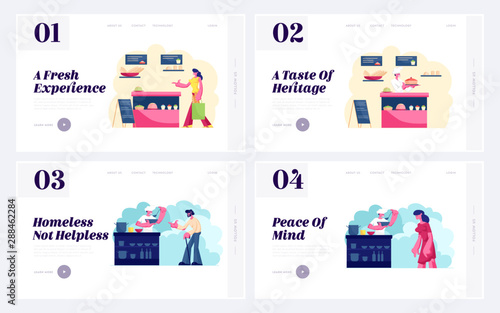 Bakery Shop, Night Shelter for Homeless Website Landing Page Set. Customer Buying Bread in Store. Volunteer Feeding Beggars and Bums People on Street Web Page Banner. Cartoon Flat Vector Illustration