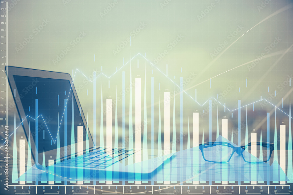 Stock market graph on background with desk and personal computer. Double exposure. Concept of financial analysis. Stock market graph on background with desk and personal computer. Double exposure. Concept of financial analysis.