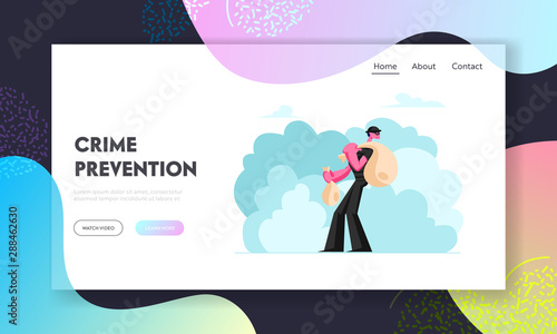 Thief with Money Bags, Robbery Crime Website Landing Page. Funny Robber Burglar Wearing Black Clothing and Mask Trying to Get Away with Prey in Sacks Web Page Banner. Cartoon Flat Vector Illustration