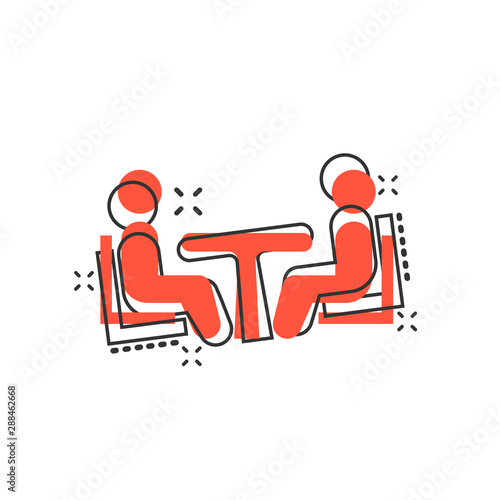 Business consulting icon in comic style. Two people with table vector cartoon illustration on white isolated background. Restaurant dialog business concept splash effect.