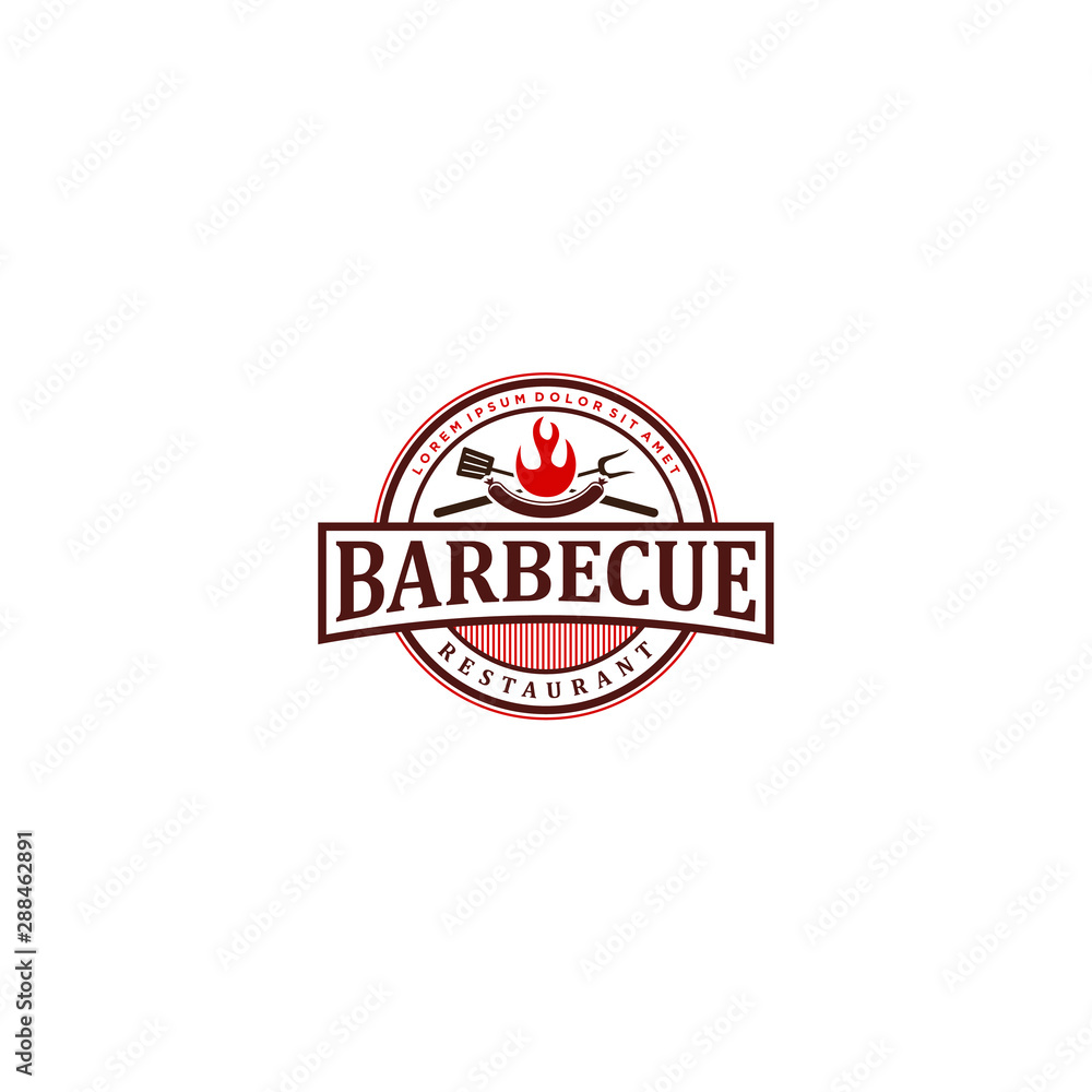 Barbecue bbw grill restaurant food drink logo design - fire meat sausage spatula element