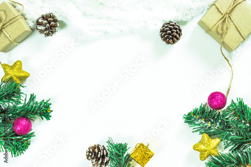 Fototapeta Naklejka Na Ścianę i Meble -  Christmas or New Year background. fir tree branches, gift box, decoration on a white background with copy space for your text. Top view.