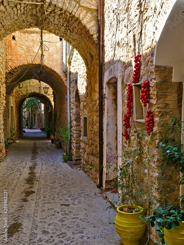 Wallpaper Mural Narrow alley at the medieval castle village of Mesta in Chios island , Greece.  Cherry tomatoes bunches hanging from the stone wall to dry. Torontodigital.ca