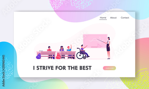 Back to School Website Landing Page. Children and Teacher in Classroom. Disabled Boy in Wheelchair at Blackboard. Kids in Class, Disability Education Web Page Banner. Cartoon Flat Vector Illustration