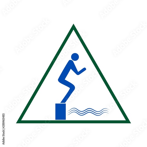Place for jumping in water. Sign in triangle. Safety dive. Sign safeness on beach, in river sea. Warning of protection during jump in. Colorful template for poster. Design element. Vector illustration