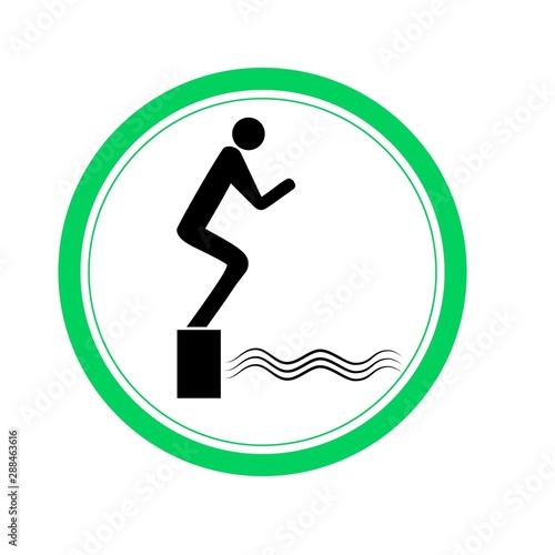Place for jumping in water. Sign in circle. Safety dive. Sign safeness on beach, in river, sea. Warning of protection during jump in. Colorful template for poster. Design element. Vector illustration