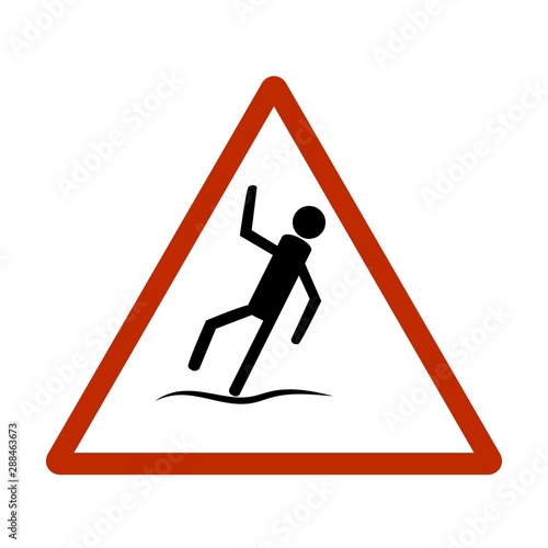 Slippery sidewalk. Sign danger on ice roadand wet sidewalk. Warning of danger during rain and sleet, risk fall and accident. Colorful template for card poster. Design flat element. Vector illustration photo