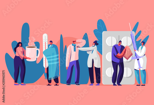 Patients Men and Women Visiting Clinic or Hospital for Doctor Appointment. Illness, Health Care Concept. Sick People Getting Treatment with Medicine and Hot Drinking. Cartoon Flat Vector Illustration