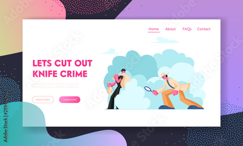 Crime Investigation Website Landing Page. Investigator with Magnifying Glass Solving Robbery. Thief Hiding with Sack. Police Detective and Criminal Web Page Banner. Cartoon Flat Vector Illustration