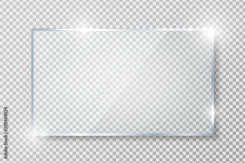 Transparent glass banner with reflection isolated on transparent background. Blank gloss glass plate. Realistic rectangle glass frame. Square 3d shiny display mockup. Window design. Vector