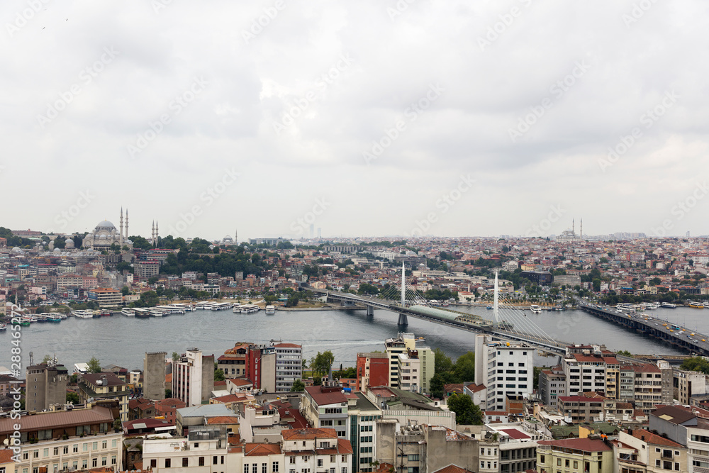 Houses and public buildings densely cover an area of Istanbul, Turkey