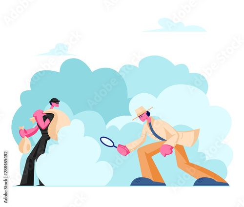 Private Investigator in Classic Hat and Cloak at Work Solving Robbery . Thief Hiding with Sack. Police Detective Investigating Crime with Magnifier Glass, Criminal. Cartoon Flat Vector Illustration