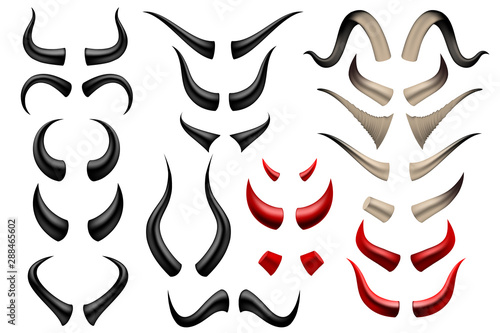 Set of different horns on white background