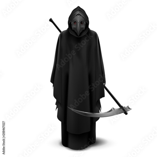 Plague Doctor with Bird Mask and Scythe in His Hands. Medieval Death Symbol Plague Doctor Mask Isolated on White Background. For Web, Poster, Info Graphic