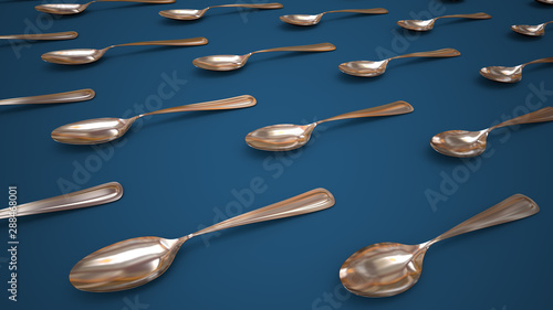 Plenty of metal spoons lined up on blue surface
