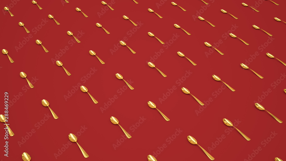 Plenty of golden spoons lined up straight on red surface, perspective view Plenty of golden spoons lined up straight on red surface, perspective view