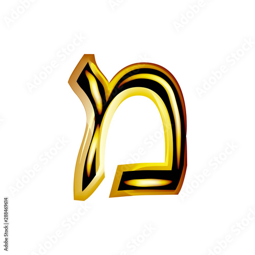 Golden Hebrew Alphabet. Brilliant Hebrew font. Letter gold Mem. Vector illustration on isolated background..