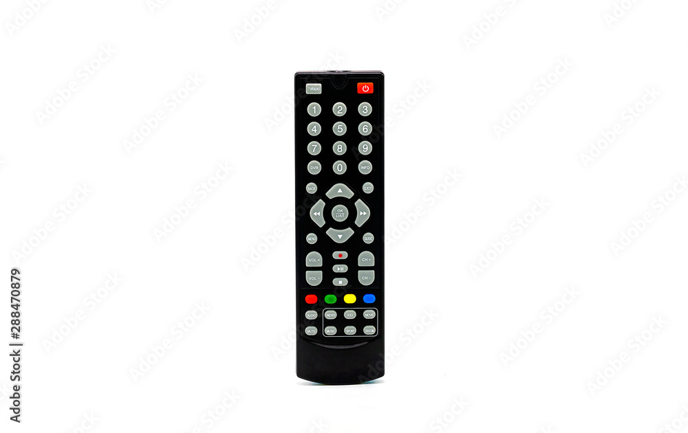 Remote control flat. Remote for TV or media center. Device for films cinema video. Leisure at home. Isolated on white background. Buttons to control player Remote control flat. Remote for TV or media center. Device for films cinema video. Leisure at home. Isolated on white background. Buttons to control player