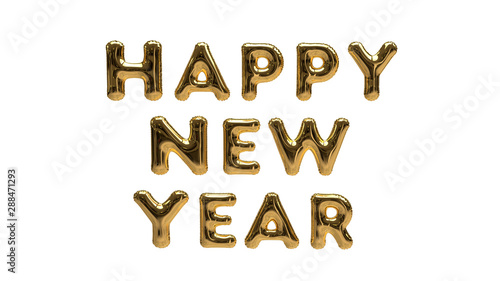 Simple Happy New Year Text Illustration (Rendering) with gold Foil Helium Balloons, isolated on a white Background