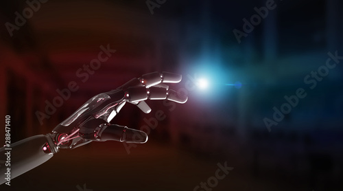 Red robot hand pointing finger 3D rendering