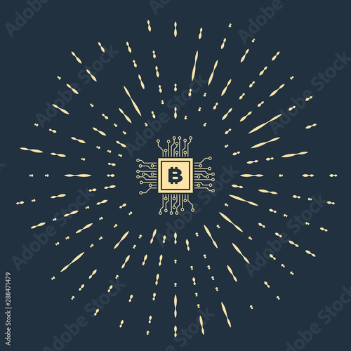 Beige CPU mining farm icon isolated on dark blue background. Bitcoin sign inside processor. Cryptocurrency mining community. Digital money. Abstract circle random dots. Vector Illustration