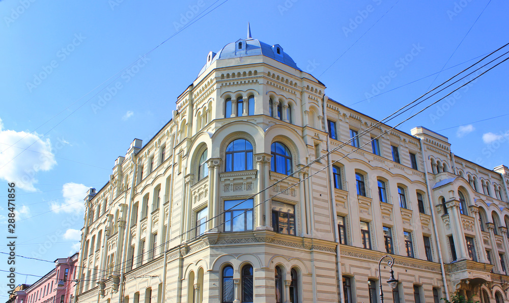 Facade corner of classic historic house architecture in Saint Petersburg city, Russia 