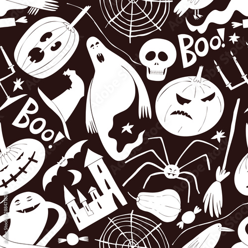 Halloween seamless pattern. Vector hand drawn illustrations on dark background. Design with halloween symbols.