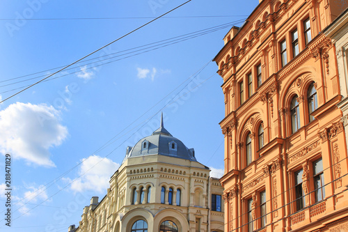 Historic buildings in downtown Saint Petersburg, Russia. City architecture view of ornamental houses on sunny day 