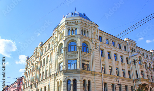 Facade corner of classic historic house architecture in Saint Petersburg city, Russia 