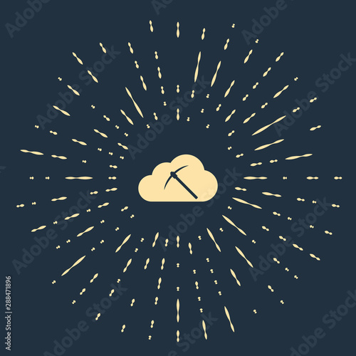 Beige Cryptocurrency cloud mining icon isolated on dark blue background. Cloud with pickaxe, bitcoin, digital money market, cryptocoin wallet. Abstract circle random dots. Vector Illustration