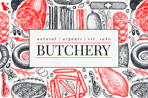Vintage vector meat products design template. Hand drawn ham, sausages, steaks, jamon, spices and herbs. Raw food ingredients. Retro illustration. Can be use for label, restaurant menu.