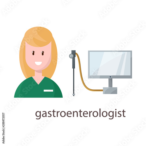 Vector design of gastroenterologist and woman sign. Set of gastroenterologist and stomach stock symbol for web.