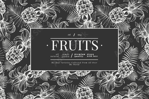 Pineapples and tropical leaves design template. Hand drawn vector tropical fruit illustration on chalk board. Engraved style ananas fruit banner. Retro botanical frame.