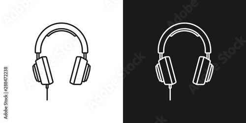 Set of two simple linear headphones icons. In black and white variation.