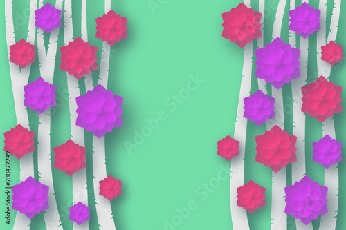 Paper style cut in layers. Trunks of trees on a light green background. Red and purple voluminous flowers. With the shadows.