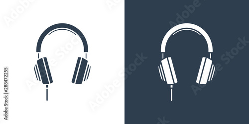 Set of two simple flooded with color headphones icons. In dark blue and white variation.