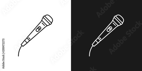 Set of two simple linear microphone icons. In black and white variation.