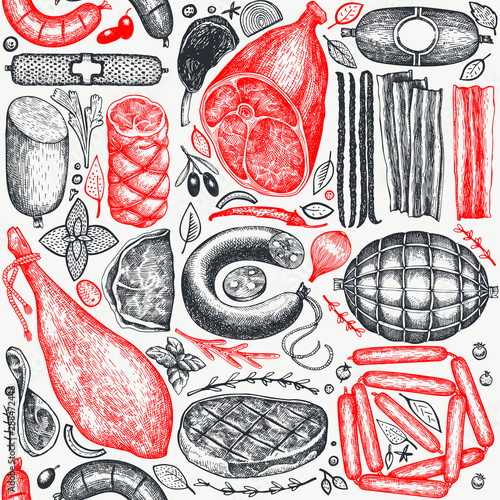 Vintage vector meat products seamless pattern. Hand drawn ham, sausages, jamon, steak, spices and herbs. Raw food ingredients. Retro illustration. Can be use for label, restaurant menu.